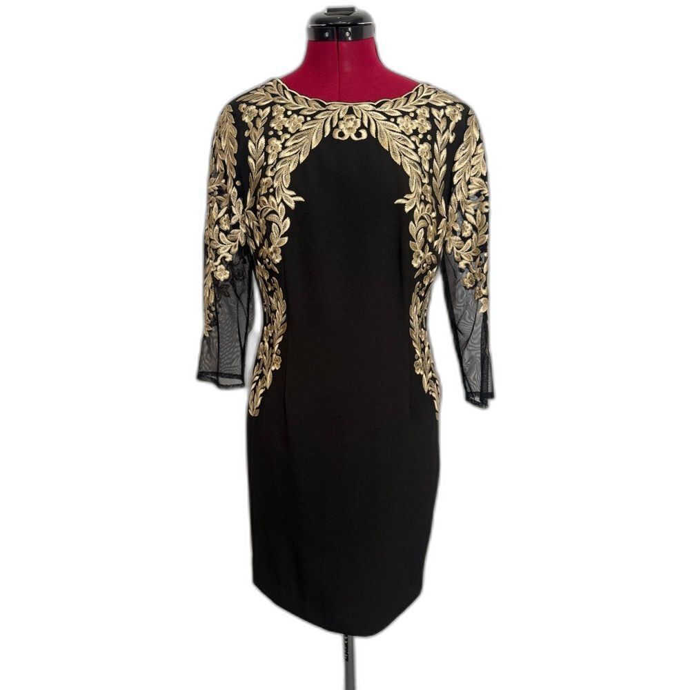 Antonio Melani Sheath Dress Women's Size 6 Black w/Gold Embroidery Sheer Sleeves